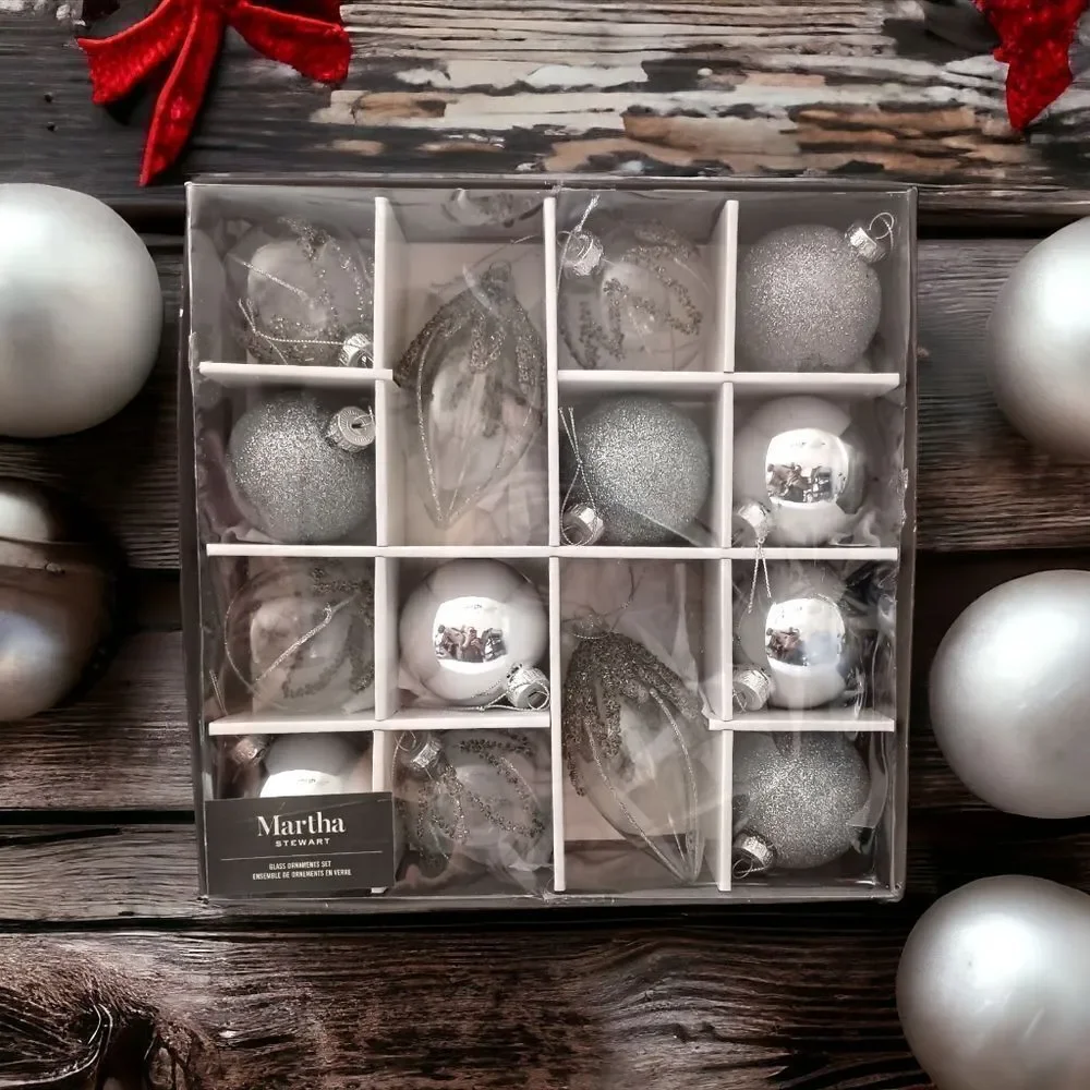 14 Martha Stewart Silver Glass Ornament Set Christmas Beaded‎ Glittery Bedford